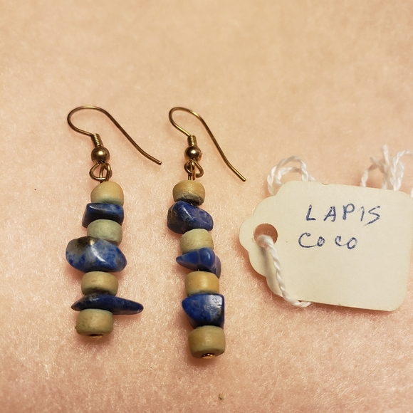Lapis Chips and Coco Beaded Earrings with Gold Posts - Picture 1 of 3